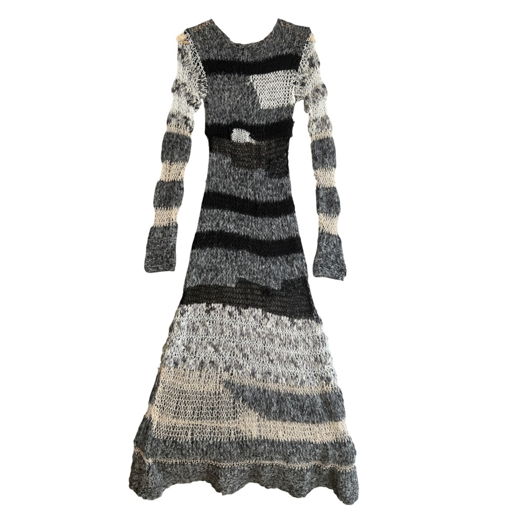 Zara Grunge Distressed Open Knit Maxi Dress S Gray Patchwork Goth Sheer Cut Out